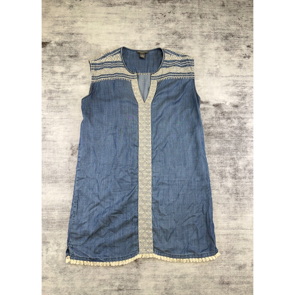 Chelsea & Theodore Blue Denim Tencel Embroidered Fringe Shift Dress Large